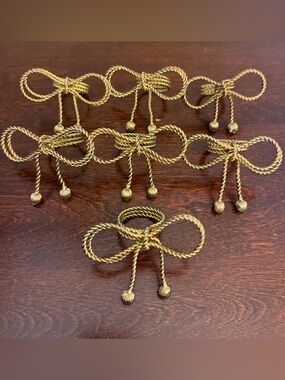 Vintage MCM Metal Napkin Rings Twisted Rope Tied Bow Tassel Gold Tone Set of 7